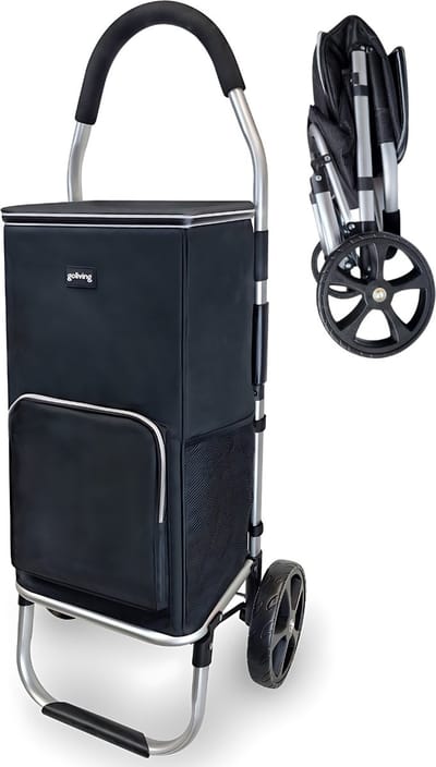 Goliving Boodschappentrolley - Boodschappenwagen met Zijvakken en Koelvak - Opvouwbaar - Weerbestendig - Roestvrij Aluminium - Boodschappenkar met Wielen - 50L - Zwart