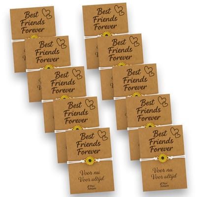 Vriendschapsarmbandjes voor 10 "Best Friends Forever" - Zonnebloem - BFF Armbandjes met Persoonlijk Cadeau Kaartje - Wit met Bloem Hanger - Op Tien Kaartjes- Pax Amare