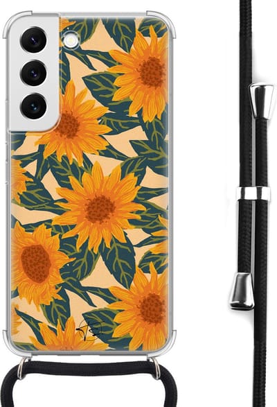 Hoesje met koord geschikt voor Samsung Galaxy S22 - Zonnebloemen - Inclusief koord - Crossbody beschermhoes - Transparant, Oranje - Mooie Telefoonhoesjes
