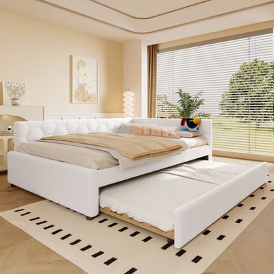 MEUNIQ daybed 140x200 cm met uitrolbaar logeerbed, lattenbodem, USB, Type-C en nachtlamp, slaapbank voor kinderkamer of slaapkamer, wit