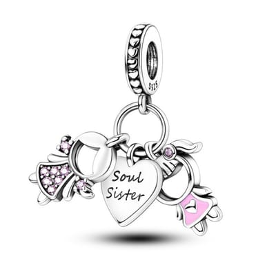 Fler® | Bedel | Past op populaire bedel armbanden (standaard-3mm) | armbandbedel | Soul Sisters bedel | Zusterliefde | Sisters | Familie | Bedel Charm | 925 Sterling Zilver | Emaille zwart, roze | Zirkonia roze | Cadeau |