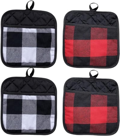 longziming - 4-Delige Ovenwanten en Pannenlappen Set - Hittebestendig en Antislip - Met Praktisch Ophanglusje - Voor Koken en Bakken - Zwart Wit & Rood Zwart Geruit