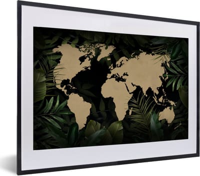 Poster in lijst - Fotolijst 60x40 cm - Posters - Wereldkaart - Bruin - Planten - Posterlijst zwart - Decoratie - Wanddecoratie woonkamer - Muurdecoratie slaapkamer
