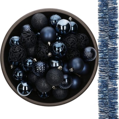 Decoris Kerstballen - 37 ST - 6 cm - en 2 ST kerstslingers - blauw- kunststof