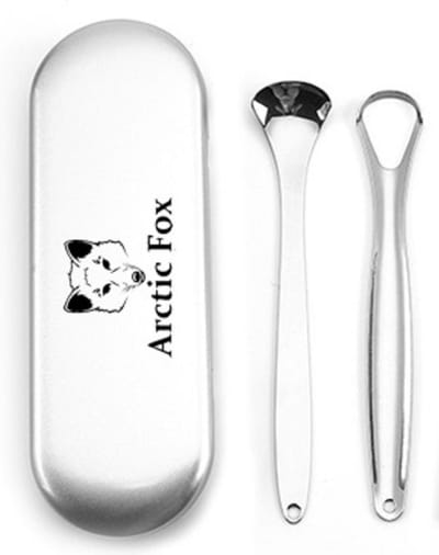 Hygiënische Tongreiniger Zilverkleurig - Metaal Arctic Fox® High Quality RVS Tongschraper voor Mondverzorging – 2 Stuks – RVS opbergdoos– verpakt in individuele plastic zak