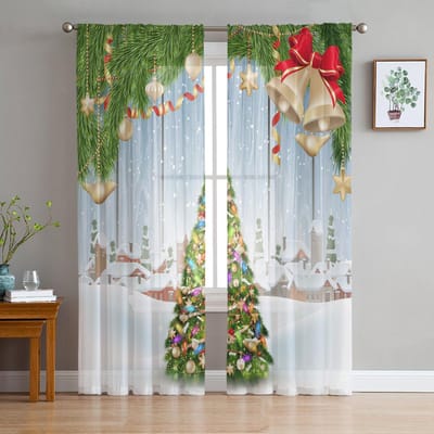 Kerst Sneeuwpop Sneeuwscène Tule Gordijnen voor Woonkamer Slaapkamer Decoratie Transparante Chiffon Sheer Voile Raamgordijn W50H130(CM)x2pcs&Grommet Top gray