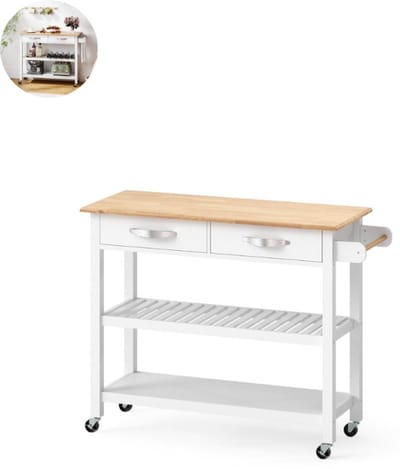Keukeneiland - Verplaatsbaar - Keukenkast - Dressoir - Organizer - Kasten - Houten Werkblad - Wit