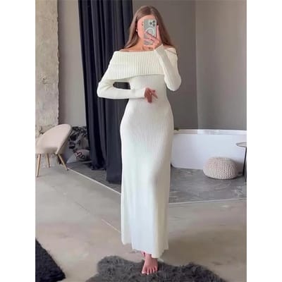 Robe Maxi en Tricot pour Femme Mode Tricot Longue Robe Décolleté Bardot Femelle Côtelée Lâche Taille Haute Élégante Robe de Soirée Automne S black