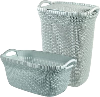 Curver Knit Wasmand met deksel 57L + Wasmand 40L - Blauw/Grijs