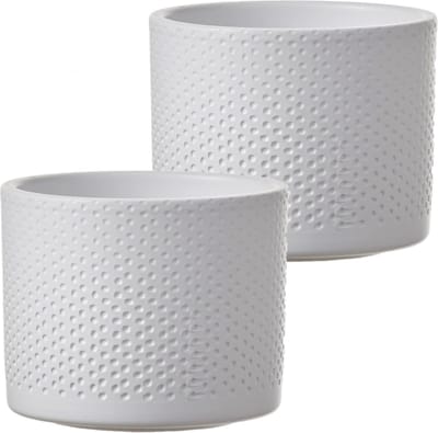 Mica Decorations Bloempot - Set van 2x stuks - wit - relief - keramiek - 12 x 10 cm - plantenpotten binnen