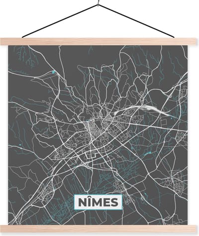 Posterhanger incl. Poster 40x40 cm - Schoolplaat - Nîmes - Frankrijk - Plattegrond - Stadskaart - Kaart - Textielposter - Blanke latten - Stadskaart