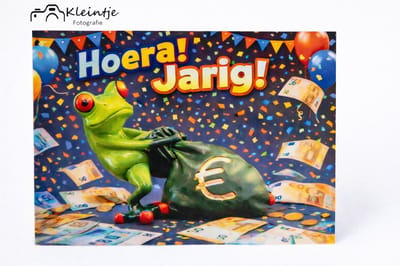 Verjaardag wenskaart – Kikker met geldzak & confetti | Kleintje Fotografie