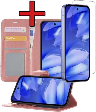 Hoesje - Met Screenprotector - Geschikt voor Google Pixel 9a - Luxe Pasjeshouder - Flipcase - Bookcase Portemonee - Flip Case - Kunstleer Book Case - Book Cover - Walletcase - Portemonneehoes - Telefoonhoes - Rosé goud