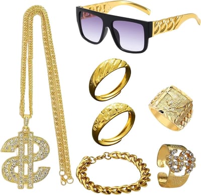 7-delige Hip Hop Kostuum Party Decoraties met Nep Gouden Dollar Sign Ketting, Hippie Ringen en Zonnebrillen voor 90s Disco en Rapper Feestjes