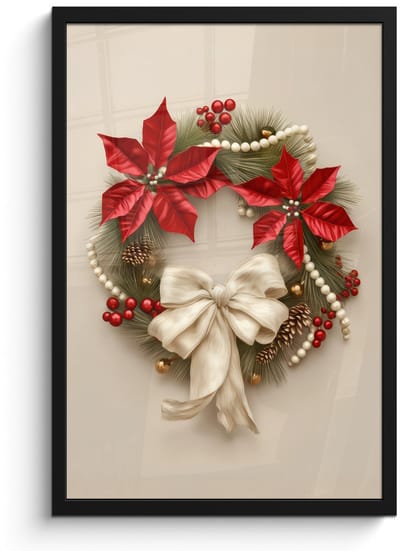 Poster in lijst - Fotolijst 40x60 cm - Posters - Deurkrans - Strik - Kerst - Rood - Groen - Posterlijst zwart - Decoratie - Wanddecoratie woonkamer - Muurdecoratie slaapkamer - Kerstversiering - Kerstdecoratie voor binnen - Kerstmis