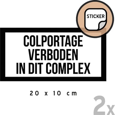 Pictogram/ stickers (2x) | "Colportage verboden in dit complex" | 20 x 10 cm | Deur-aan-deur verkoop | Niet aanbellen | Zelfklever | Nee! | Niet storen | Flat | Appartementen | VME | 2 stuks
