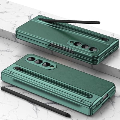 Hoes voor Galaxy Z Fold4 met Hinge Bescherming, Scherm Protector en S Pen Houder - Leer, Groen, Duurzaam en Stijlvol