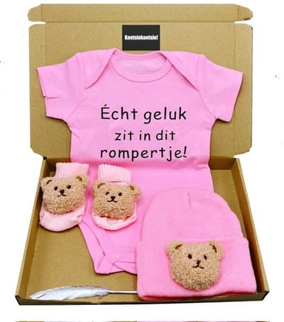 Kraamcadeau brievenbus, kraamcadeau meisje brievenbuspakket, roze romper, babymuts en babysokjes, kan ook rechtstreeks als cadeau