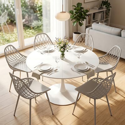 EGGREE eettafel en stoelen - 6 grijze eetkamerstoelen - tafel Ø 120 cm - voor bar - café en eetkamer