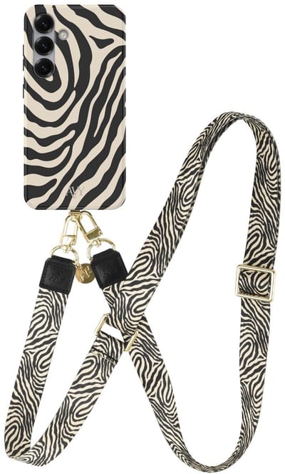 AVY Hoesje Met Telefoonkoord | Geschikt voor Samsung Galaxy S25 | Compatibel met MagSafe | Hard Shell Back Cover | Stijlvol Bijpassend Koord 130CM | Serengeti Zebra | Zwart & Wit