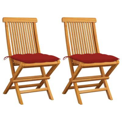 vidaXL - Opklapbare - stoelen - met - rode - kussens, - 2 - stuks, - massief - teakhout