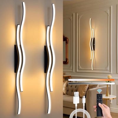 Rosnek Oplaadbare Draadloze Wandlampen met Golflinie (Batterij-aangedreven) - Continu Kleurinstelbaar 3000K-6000K met Afstandsbediening & Dimbaar Wandlamp Binnen, Slaapkamer, Studiekamer, Gang (2 stuks,Zwart)