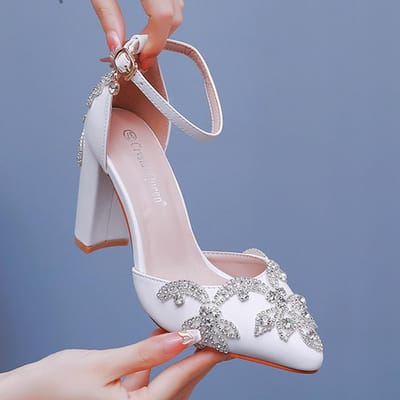 10 cm Dikke Hak Puntige Neus Enkelschoenen Grote Maat Dikke Hak Sandalen Strass Bruidsschoenen Dames Witte Bruidsschoenen Diamant 42 gray