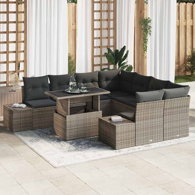 vidaXL Tuinbank Set met kussen met opslag 9 pcs Grijs poly rattan