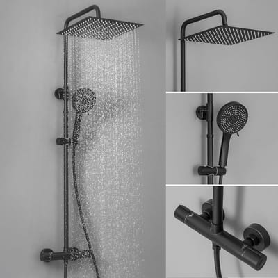 Auralum Max Regendouche met Thermostaatkraan - Doucheset Zwart - Ø 30 cm Douchekop - Met 5 stralen Handdouche - Regendoucheset - Verstelbare Hoogte 88-124 cm - Zwart