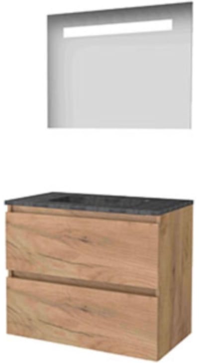 Basic-Line Economic 46 Badkamermeubelset - 80 x 46 cm - Greeploos - 2 Lades - Hardstenen Wastafel - Zonder Kraangat - Spiegel met LED Verlichting - Whisky Oak