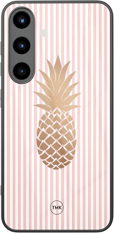 Hoesje geschikt voor Samsung Galaxy S25 - Ananas roze - Roze - TPU luxe case (glossy toplaag) - Gestreept - Hardcase backcover zwart