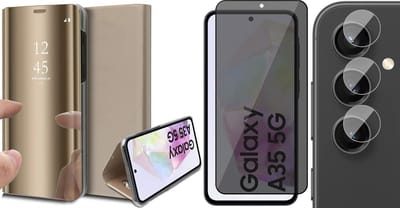 Hoesje geschikt voor Samsung Galaxy A35 - Privacy Screenprotector Volledig Dekkend Glas & Camera - Spiegel Book Case Goud