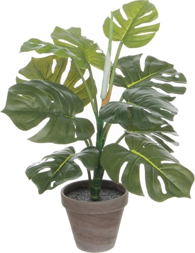 Groene Monstera/gatenplant kunstplant 48 cm in grijze pot - Kunstplanten/nepplanten