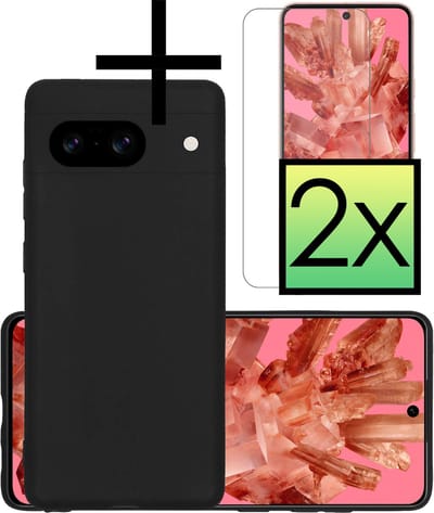 Hoesje - Met 2x Screenprotector - Geschikt voor Google Pixel 8 - Sterk & Shockproof - Back Cover - Siliconen Case - Telefoon Hoes - Zwart