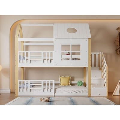 ModernLuxe Stapelbed van grenenhout en MDF - met opbergtrap - 90x200 cm - Wit & Naturel