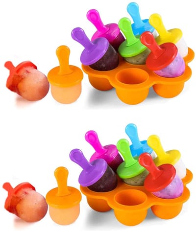 2-stuks siliconen ijsvormpjes - IJsvormpjes - Baby-ijsvormpjes - Met stokjes - Vriezerbak - IJsmaker - IJsvormpje - Mini-ijsvormpjes - Voedseldoos met 7 vakken - Lollymaker - Met stokjes - Oranje