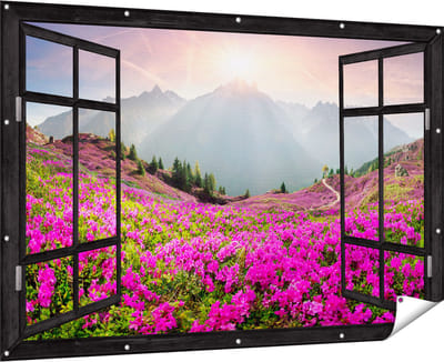 Gards Tuinposter Doorkijk Rhododendron Bloemenveld in de Alpen - 180x120 cm - Tuindoek - Tuindecoratie - Wanddecoratie buiten - Tuinschilderij