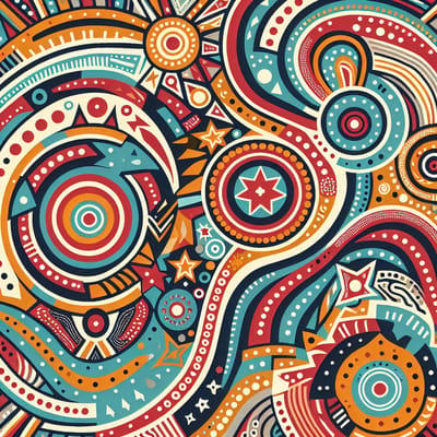 Pop art aboriginal schilderij | Pop Art meets Indigenous culture in vibrant and dynamic masterpiece | Kunst - 80x80 centimeter op Dibond | Foto op Dibond