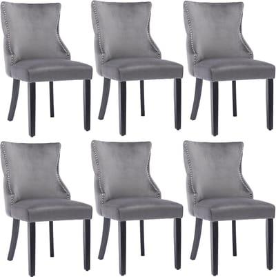 Welltin Eetkamerstoelen - Set van 6 - Eetkamerstoel - Keukenstoel - Eettafelstoel - Stoel - Fluweel - Houten Poten - Scandinavisch design - Grijs