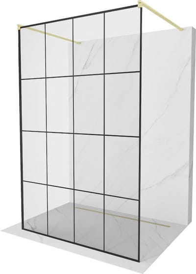 Mexen Kioto vrijstaande douchewand 130 x 200 , zwart raster 8 mm, goud geborsteld - 800-130-002-55-77