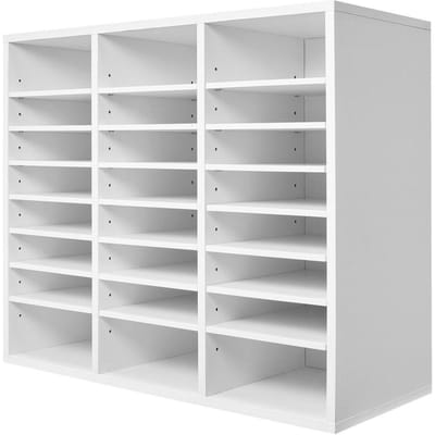 Organisateur de Littérature en Bois 24 Compartiments avec Étagères Réglables Blanc