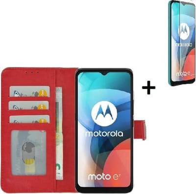 Motorola Moto E7 Hoesje - Motorola Moto E7 Screenprotector - Motorola Moto E7 Hoes Wallet Bookcase Rood + Screenprotector