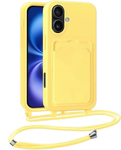 Hoesje Geschikt voor iPhone 16 Plus Hoesje Met Telefoonkoord en Pasjeshouder Siliconen - Hoes Geschikt voor iPhone 16 Plus Hoesje Met Kaarthouder Case - Geel