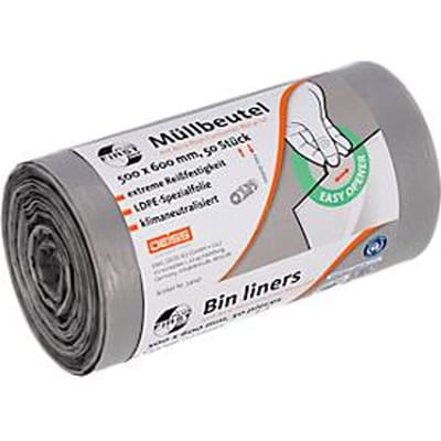 Deiss FIRST PLUS afvalzakken, met handvat, LDPE, 14 µm, grijs, B 500 x H 600 mm, 30 liter, 1800 stuks