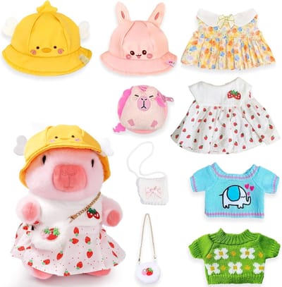 Set van 9-delige Capibara Knuffel Set met Kleding en Accessoires - Superzachte Pluche Speelgoed voor Kinderen