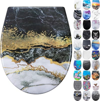 Toiletzitting Duroplast - Toiletdeksel Zacht Sluitend - Comfortabel Gebruik - Snelmontage Systeem - 45 x 37 cm - Marmerlook
