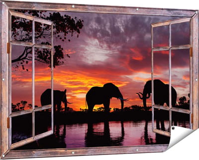 Gards Tuinposter Doorkijk Olifanten tijdens Zonsondergang - Silhouet - 150x100 cm - Tuindoek - Tuindecoratie - Wanddecoratie buiten - Tuinschilderij