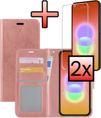 Hoesje - Met 2x Screenprotector - Geschikt voor Samsung Galaxy A27 - Luxe Pasjeshouder - Bookcase Portemonee - Flip Case - Kunstleer Book Case - Flipcase Hoes - Book Cover - Walletcase - Portemonneehoes - Rosé goud