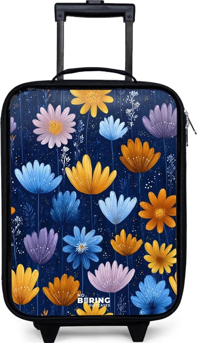 NoBoringSuitcases.com® - Kinderkoffer jongen - Kindertrolley meisje - Bloemen op een donkerblauwe achtergrond - Koffer kind lichtgewicht - Reiskoffer trolley voor kinderen - Koffertje met lichtgevende wieltjes - Rolkoffer zwart