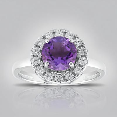 Cavill - Zilveren Ring 925 Sterling Geplatineerd - Marokkaanse Amethist 1,259 ct Rondgeslepen - Cambodjaanse Zirkonia's - Elegante Tijdloze Damesring